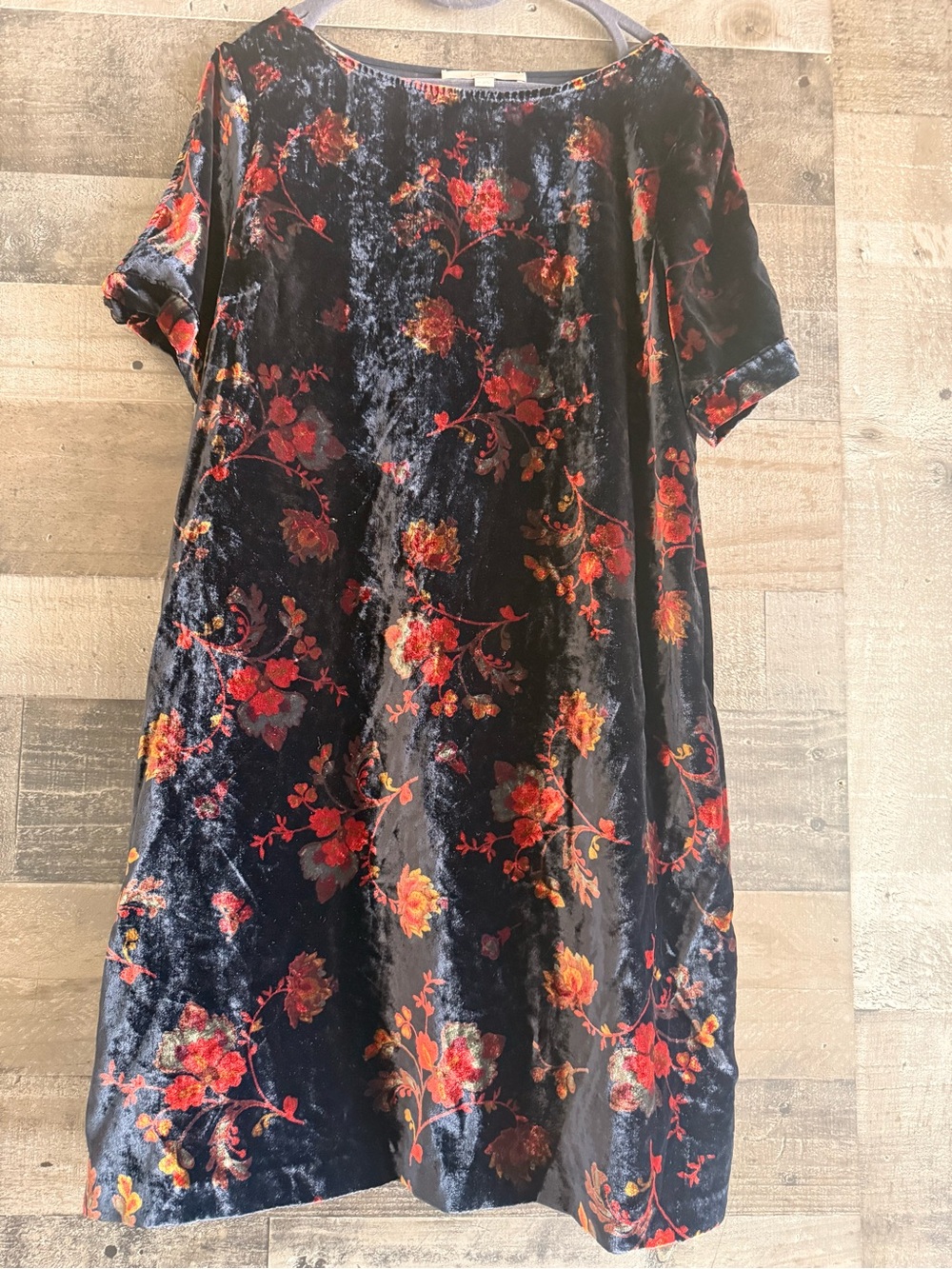 LOFT Navy Velvet Floral Mini Dress with Red Accents - Picture 2 of 8